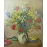 Mid-20th century school - Still life with jug of spring flowers, books, a pipe and an ashtray, oil