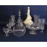 A collection of cut glass ware including a Waterford crystal vase, 17.5cm, a glass bowl on stand,