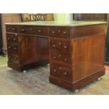 Mid Victorian period mahogany pedestal writing desk of nine drawers with inset leather top, 136 cm