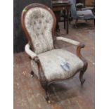 Victorian walnut drawing room chair with carved and moulded showwood frame in walnut raised on