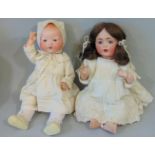 2 German bisque head baby dolls, both with composition bodies and bent limbs; a 1920's Dream Baby by