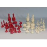 Good quality 19th century ivory chess set comprising various turned ivory and stained ivory