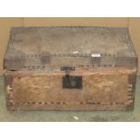 A 19th century pony skin covered wooden trunk with studded detail and iron fittings (AF), 61 cm long