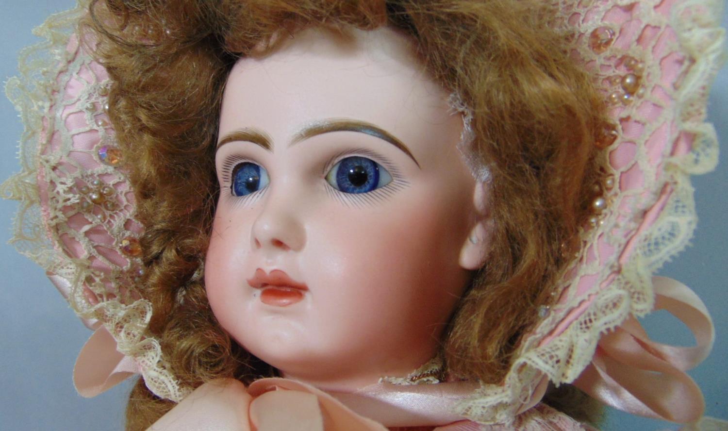 Bisque head doll with faint Jumeau makers mark and number '8' in red; fixed blue eyes, closed mouth, - Image 4 of 6