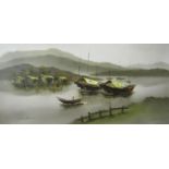 K F Chow (20th century Chinese School) - River scene with fishing boats, oil on board, signed, 60