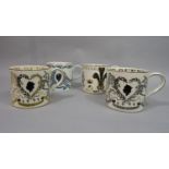 A collection of four Wedgewood Royal commemorative mugs designed by Richard Guyatt comprising the
