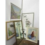 A collection of needlework pictures, subjects including a coastal cottage garden signed M A