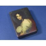 19th century German Papier Mache snuff box, showing to the cover a portrait of Lady Esther