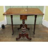 Small Victorian walnut and figured walnut drop leaf occasional table raised on turned stretcher