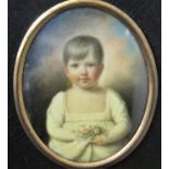 In the early 19th century school manner - Half length portrait miniature of a child in a white dress