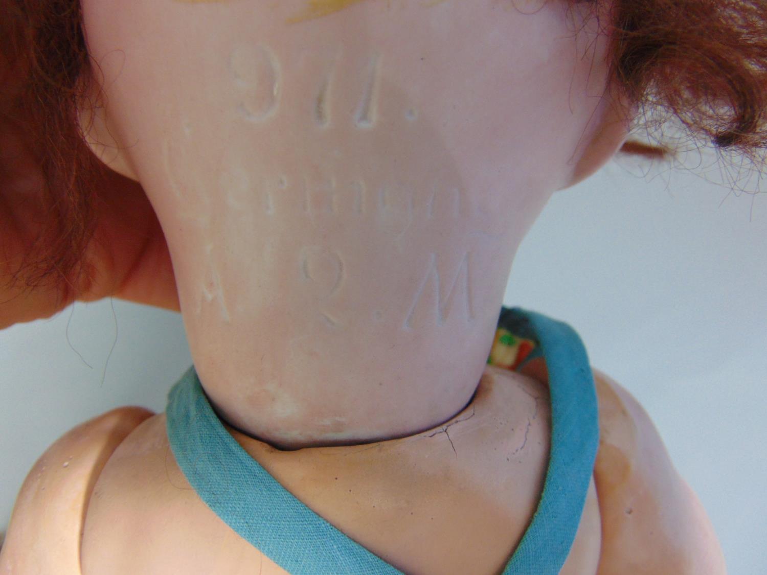 A Franz Schmidt bisque head character baby doll, with closing blue eyes and open mouth with two - Image 6 of 6