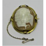 Antique yellow metal cameo brooch depicting Hermes, 4.5cm long approx (mount af)