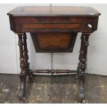 A Victorian walnut and other mixed wood fold-over top ladies work table, the rising top revealing