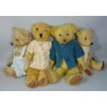 4 vintage teddies with glass eyes and jonited bodies, including a bear with clipped nose, long limbs