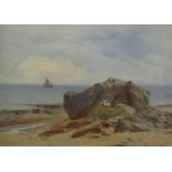 EH Holder (Probably Edward Henry Holder - British c.1864-1917) - Coastal landscape with rocks, gulls