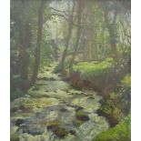 Harold Harvey (British 1874-1941) - Wooded landscape with rushing stream, possibly at Lamorna, oil