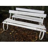 A pair of sprung steel garden benches with timber lathes and painted finish, 5ft long (AF)