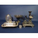 A mixed collection of good quality silver plated items comprising a twin vessel ink well standish, a
