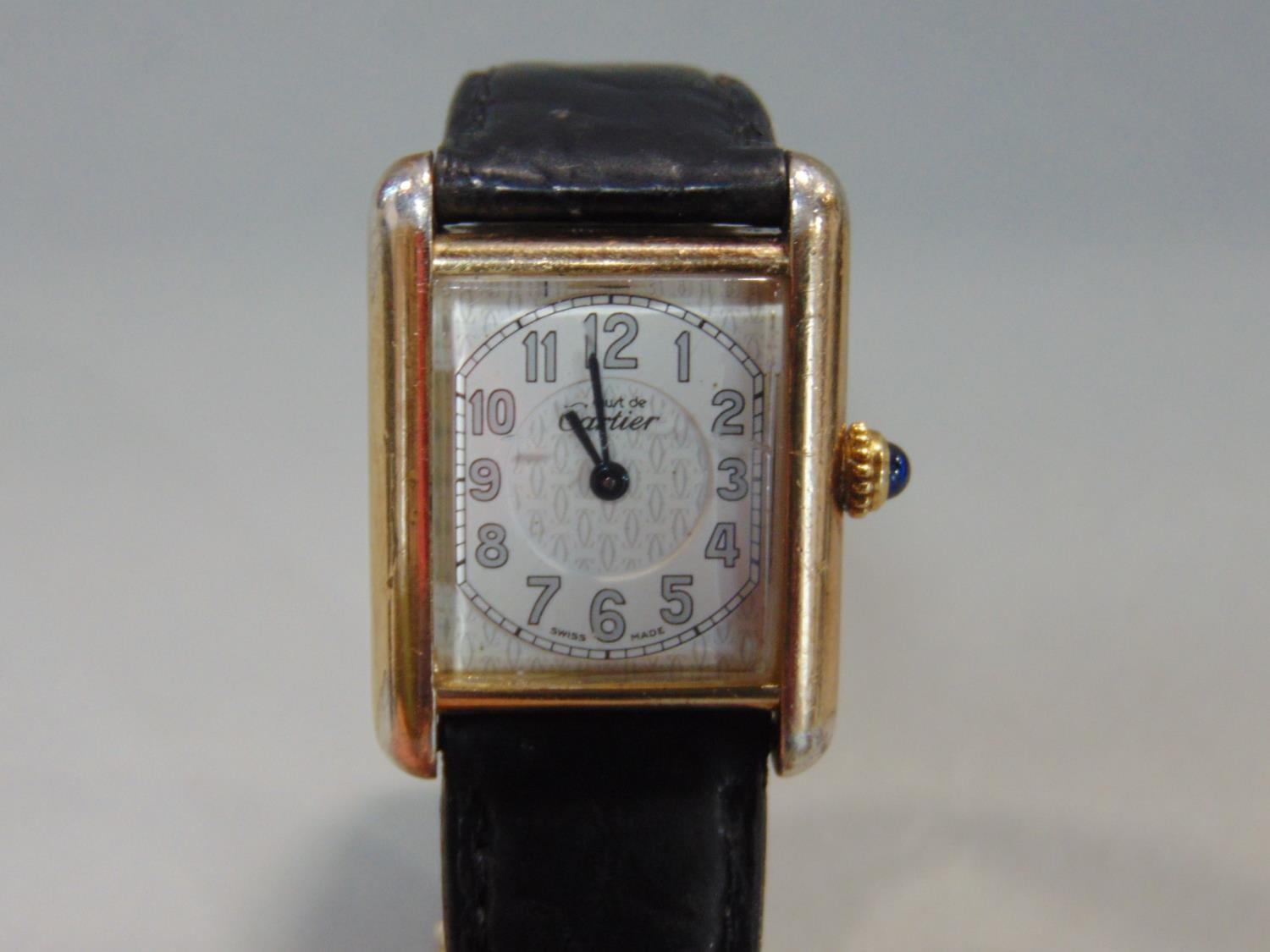 Vintage ladies Must De Cartier silver gilt tank dress watch, the square dial with textured detail - Image 2 of 2