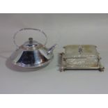 A Benham & Froud plated teapot with fixed loop handle together with an EPNS butter dish stand, glass