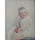 Early 20th century watercolour study of a seated baby holding a red ball, unsigned but with label