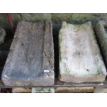 Two weathered natural stone shutes, slight variant in size, the largest 82 cm long x 44 cm wide