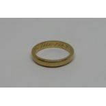 Yellow metal posy ring inscribed 'Each for the other both for God', size L, 3.2g