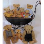 Collection of 10 old and reproduction teddies including 2 Merrythought bears with labels, 4 small