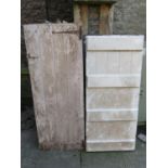 Seven reclaimed painted pine tongue and groove panelled doors with thumb latches (varying sizes)