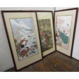 A set of three coloured prints of oriental subjects including a pair of storks in a mountainous