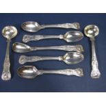 A collection of William IV silver Kings pattern spoons comprising two mustard spoons, a preserve