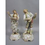 A pair of 19th century continental figures of a male lute player and female flower seller, both with