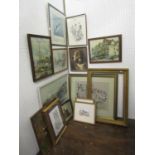 A collection of pictures and prints including a late 19th century watercolour and bodycolour study