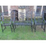 A Regency style strap work two seat garden bench with lattice and scrolled detail, 100 cm wide,
