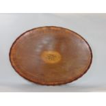 Large 19th century oval walnut and rosewood crossbanded gallery tray, with central boxwood inlay