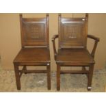 A set of six (4&2) reproduction old English style panel back dining chairs with solid seats