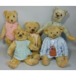 5 small vintage/ pre war teddy bears, all with pronounced snout , stitched nose, curved arms and