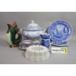A collection of 19th century and later ceramics including a Syria pattern blue and white printed two