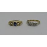 18ct sapphire and diamond ring (two stones vacant), size M, 2.8g and a 9ct three stone diamond ring,