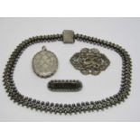 Collection of antique white metal jewellery comprising a Victorian beaded collar necklace,