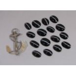 Victorian white metal and agate anchor brooch (af) and sixteen loose polished banded agate cabochons