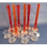 Collection of six clear glass custard cups with a further six mid century coloured glass vases,