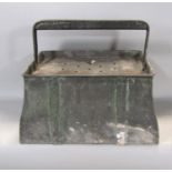 19th century bait or ferret box with pierced lid, swing handle and shaped outline with verdigris