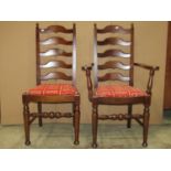 A set of six (4 &2) reproduction oak ladderback dining chairs with drop in upholstered seats