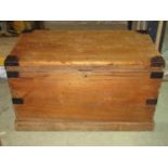 A large 19th century stripped pine box with hinged lid and iron fittings 100 cm long x 58 cm wide