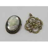 Antique 9ct seed pearl pendant / brooch of openwork floral design, 4g, together with a silver
