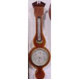 Early 20th century walnut and fruitwood crossbanded banjo barometer/thermometer, 99 cm