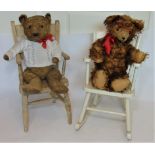 2 vintage teddy bears each with a small wooden chair; short haired bear is 62cm tall with stitched