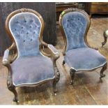 A pair of graduated Victorian drawing room chairs with carved and moulded showwood frames in walnut,