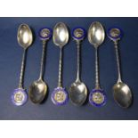 Set of six enamel and silver Bristol and West of England Bulldog Club teaspoons, with inscriptions